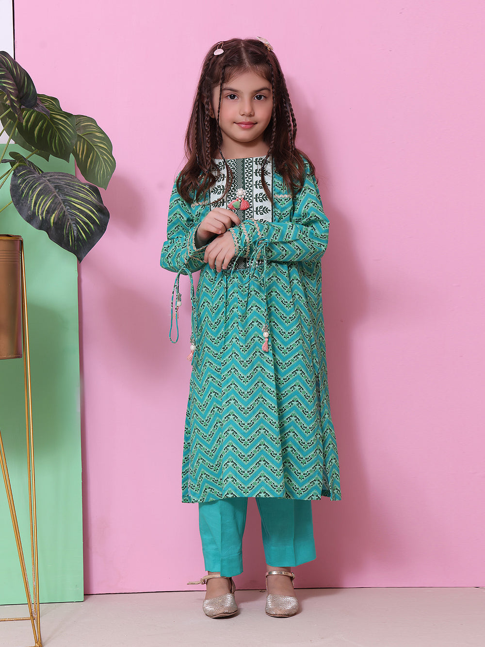 1Pc Printed Pret Kurti Lawn Aqua Green - OGKT-2208020