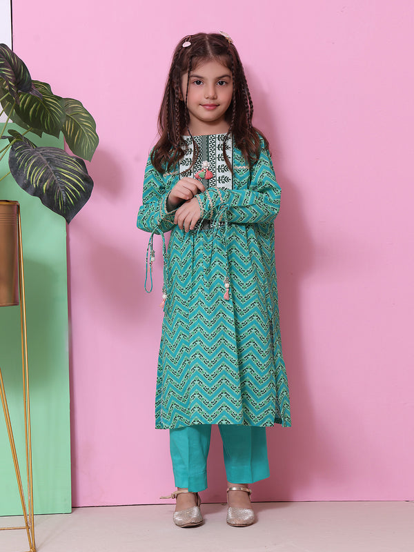 1Pc Printed Pret Kurti Lawn Aqua Green - OGKT-2208020