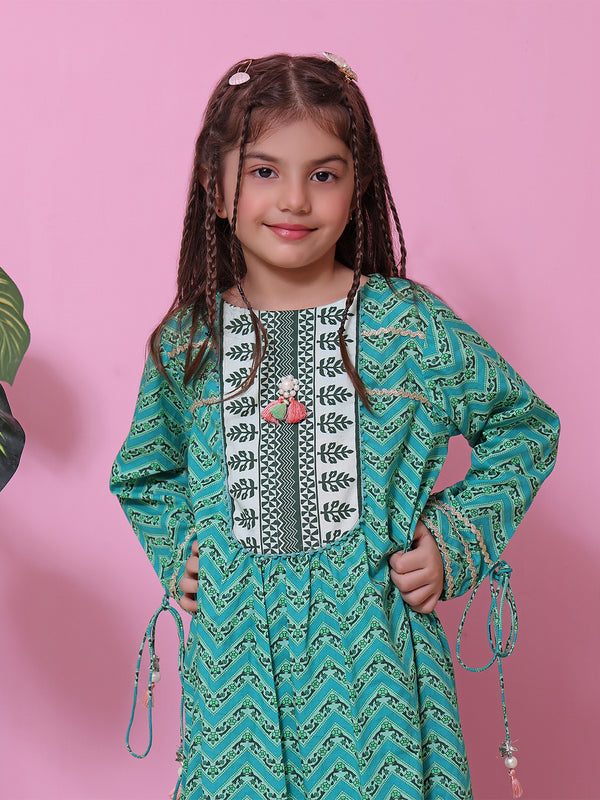 1Pc Printed Pret Kurti Lawn Aqua Green - OGKT-2208020