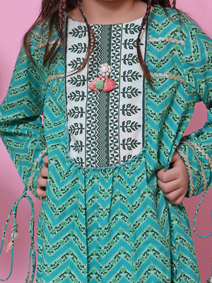 1Pc Printed Pret Kurti Lawn Aqua Green - OGKT-2208020
