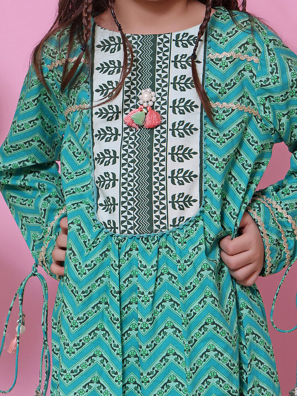 1Pc Printed Pret Kurti Lawn Aqua Green - OGKT-2208020