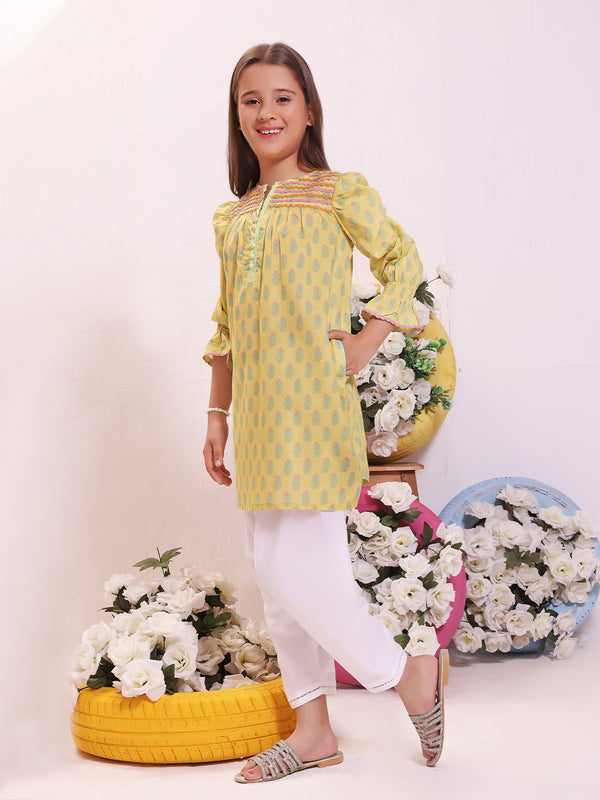1Pc Printed Pret Kurti Lawn Yellow - OGKT-2301015