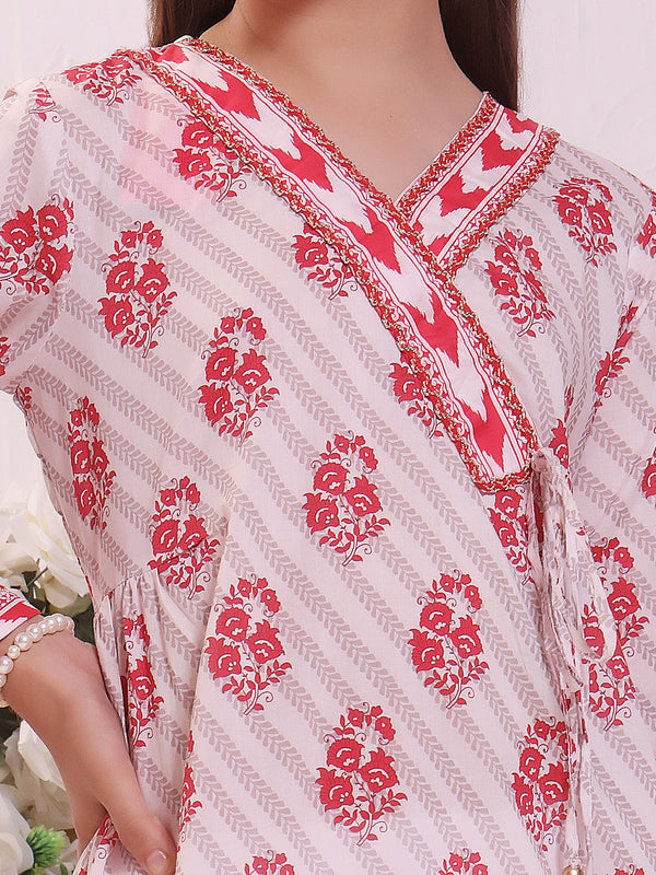 1Pc Printed Pret Kurti Lawn White & Red - OGKT-2301019