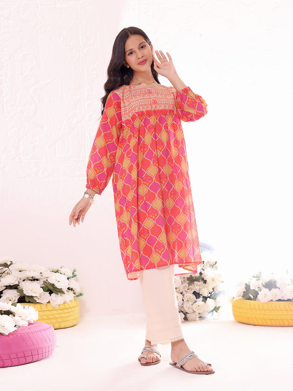 1Pc Printed Pret Kurti Lawn Orange - OGKT-2301021