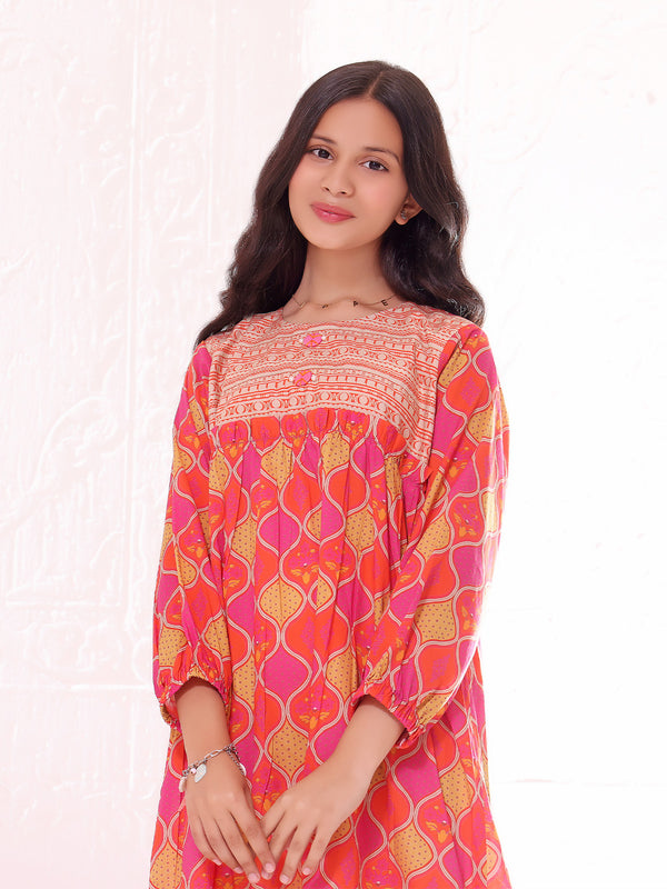 1Pc Printed Pret Kurti Lawn Orange - OGKT-2301021