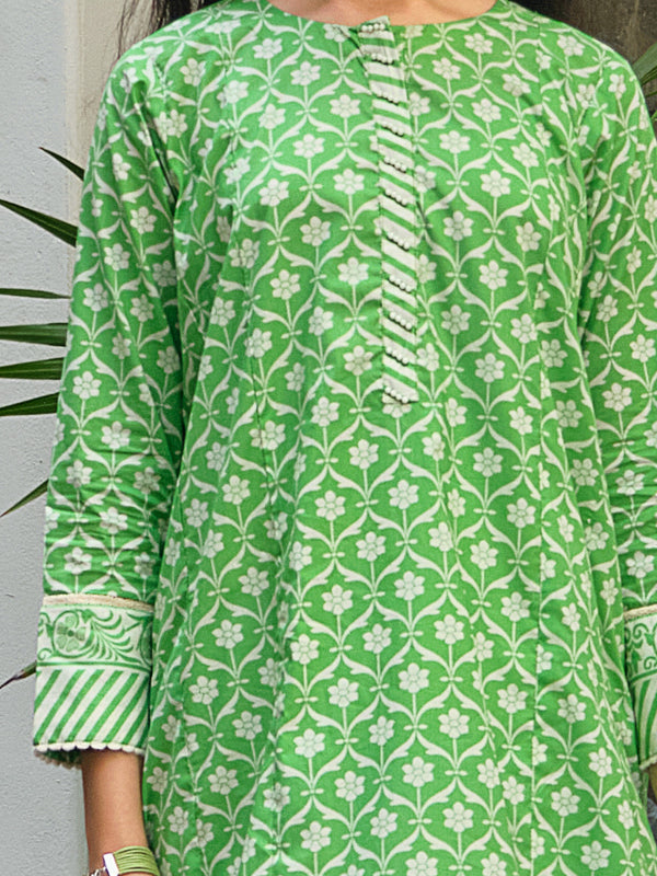1Pc Printed Pret Kurti Lawn Green - OGKT-2304001