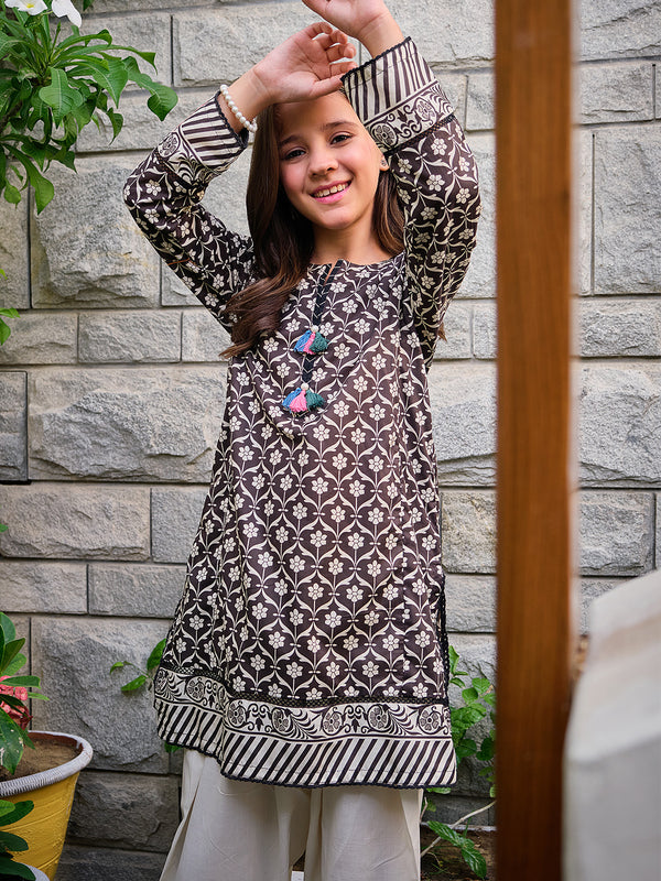 1Pc Printed Pret Kurti Lawn Black - OGKT-2304002