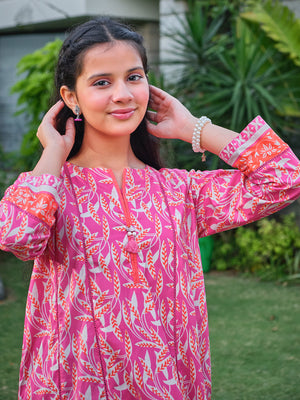 1Pc Printed Pret Kurti Lawn Pink - OGKT-2304003