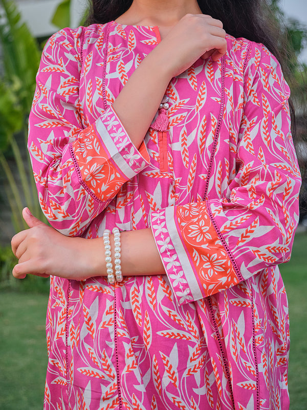 1Pc Printed Pret Kurti Lawn Pink - OGKT-2304003