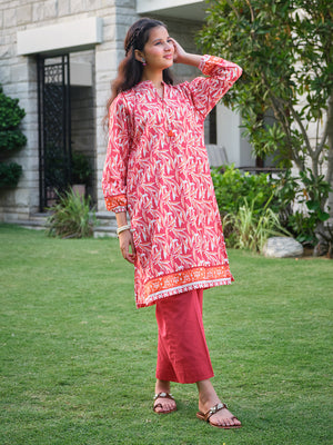 1Pc Printed Pret Kurti Lawn Red & Orange - OGKT-2304004