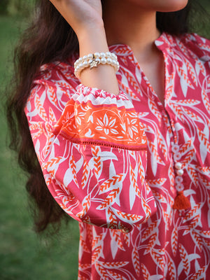 1Pc Printed Pret Kurti Lawn Red & Orange - OGKT-2304004