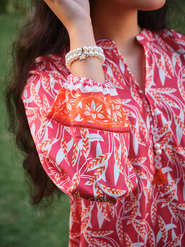 1Pc Printed Pret Kurti Lawn Red & Orange - OGKT-2304004