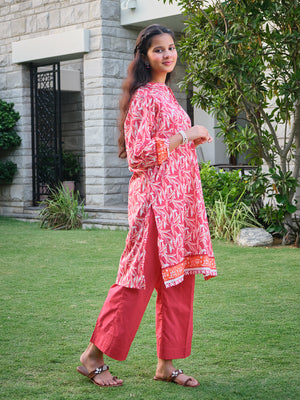 1Pc Printed Pret Kurti Lawn Red & Orange - OGKT-2304004