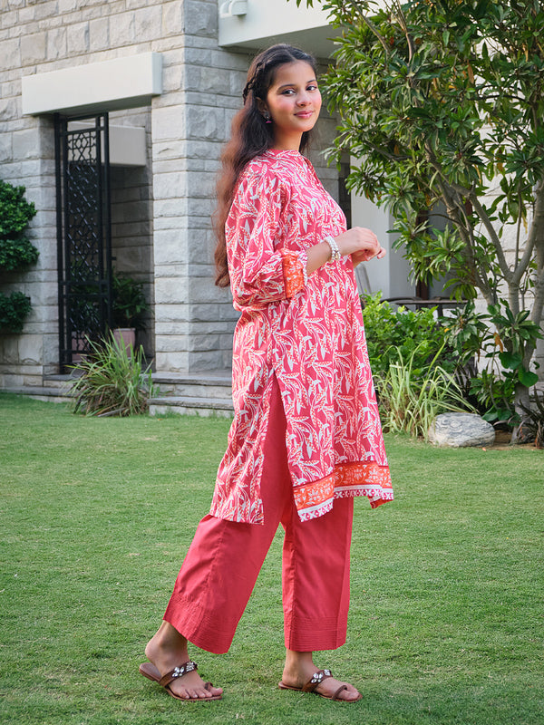 1Pc Printed Pret Kurti Lawn Red & Orange - OGKT-2304004