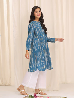 1Pc Printed Pret Kurti Cotton Blue - OGKT-2310001