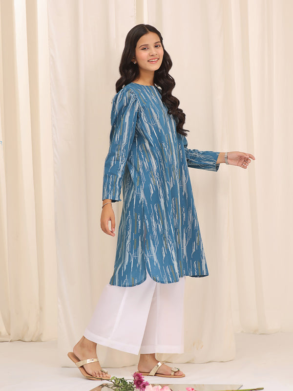 1Pc Printed Pret Kurti Cotton Blue - OGKT-2310001