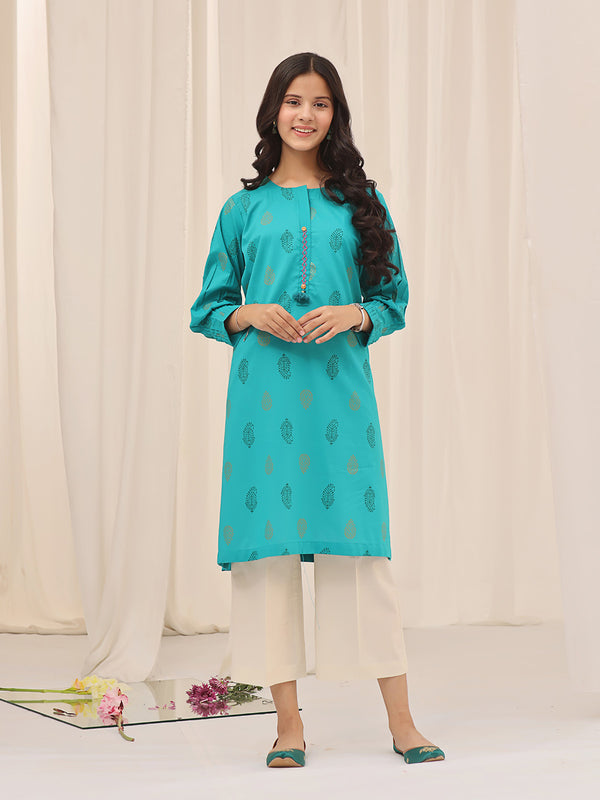 1Pc Printed Pret Kurti Cotton Aqua Green - OGKT-2310003