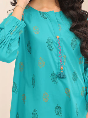 1Pc Printed Pret Kurti Cotton Aqua Green - OGKT-2310003