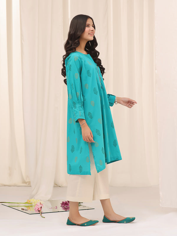 1Pc Printed Pret Kurti Cotton Aqua Green - OGKT-2310003