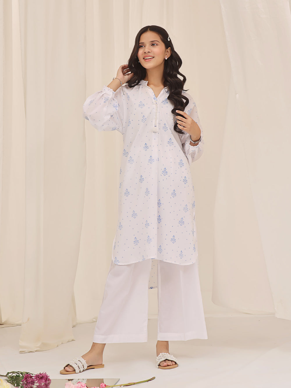 1Pc Printed Pret Kurti Cotton White & Blue - OGKT-2310004