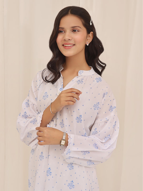 1Pc Printed Pret Kurti Cotton White & Blue - OGKT-2310004
