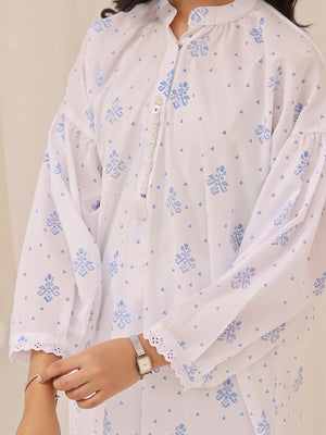 1Pc Printed Pret Kurti Cotton White & Blue - OGKT-2310004