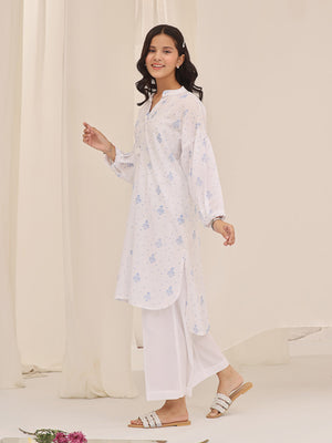 1Pc Printed Pret Kurti Cotton White & Blue - OGKT-2310004