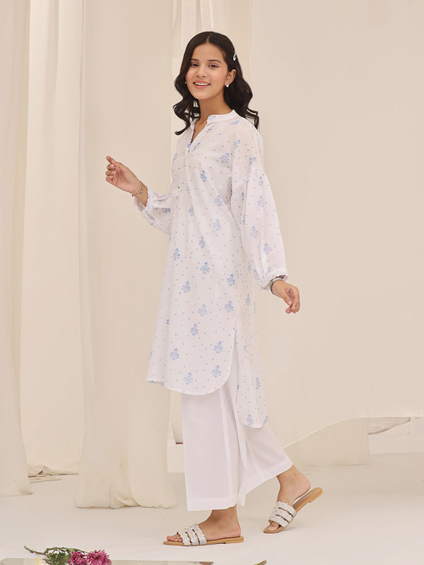 1Pc Printed Pret Kurti Cotton White & Blue - OGKT-2310004