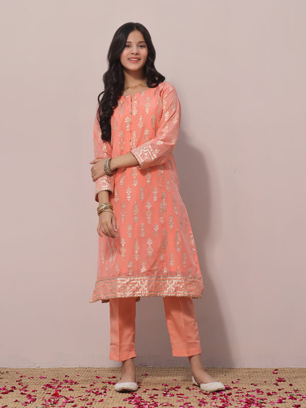 1Pc Printed Pret Kurti Jacquard Orange - OGKTG-2303025-1