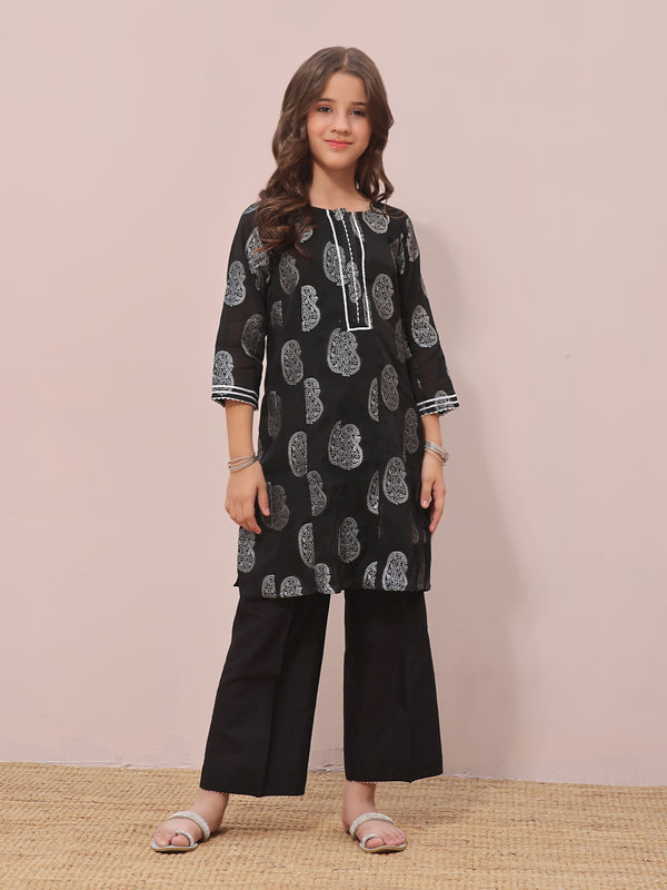 1Pc Printed Pret Kurti Jacquard Black - OGKTG-23035