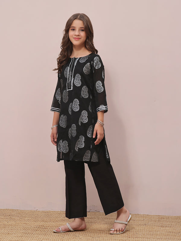 1Pc Printed Pret Kurti Jacquard Black - OGKTG-23035
