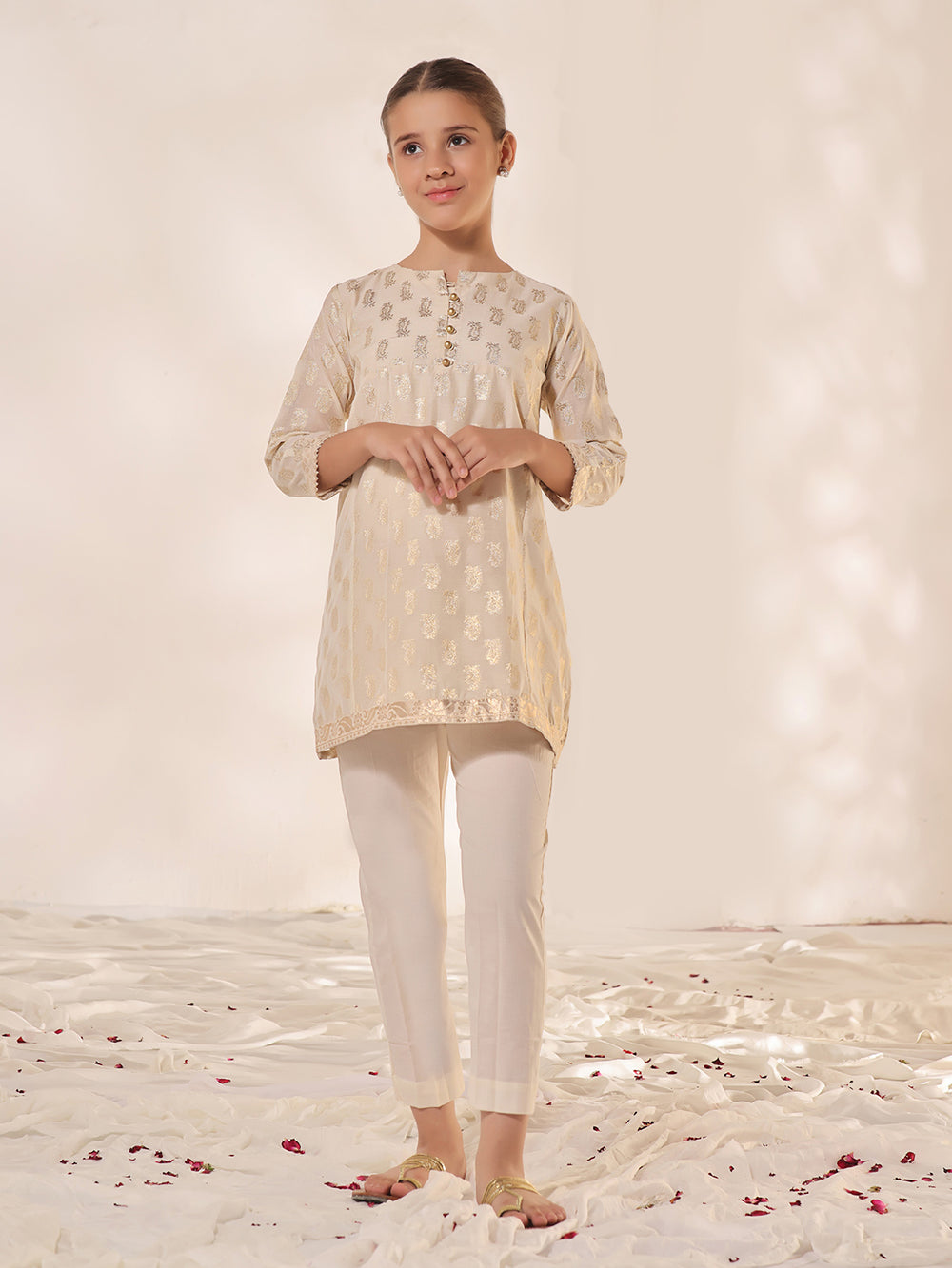 1Pc Printed Pret Kurti Jacquard Cream - OGKTG-23036