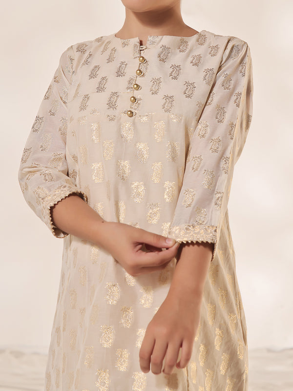 1Pc Printed Pret Kurti Jacquard Cream - OGKTG-23036