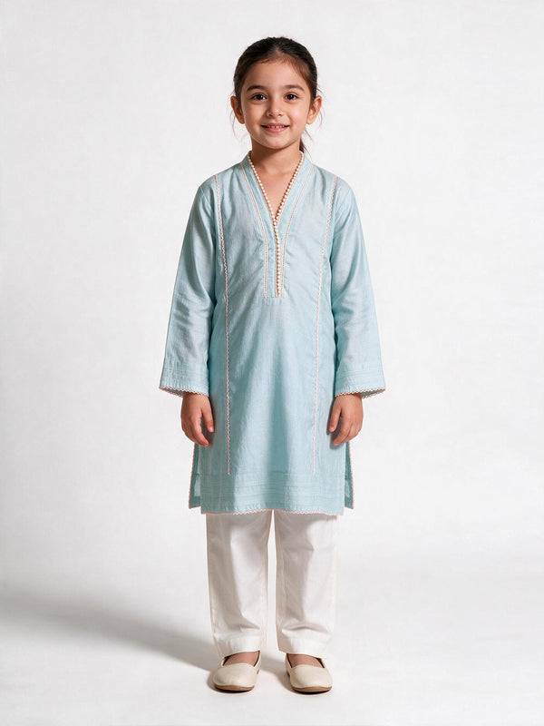 2Pc Dyed Pret Shirt Trouser Cotton Silk Ferozi - OG2PG-25035