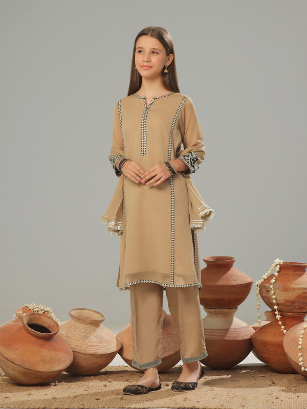 3Pc Embroidered Suit Pret Dyed Chiffon Fawn - OGE3P-2408028