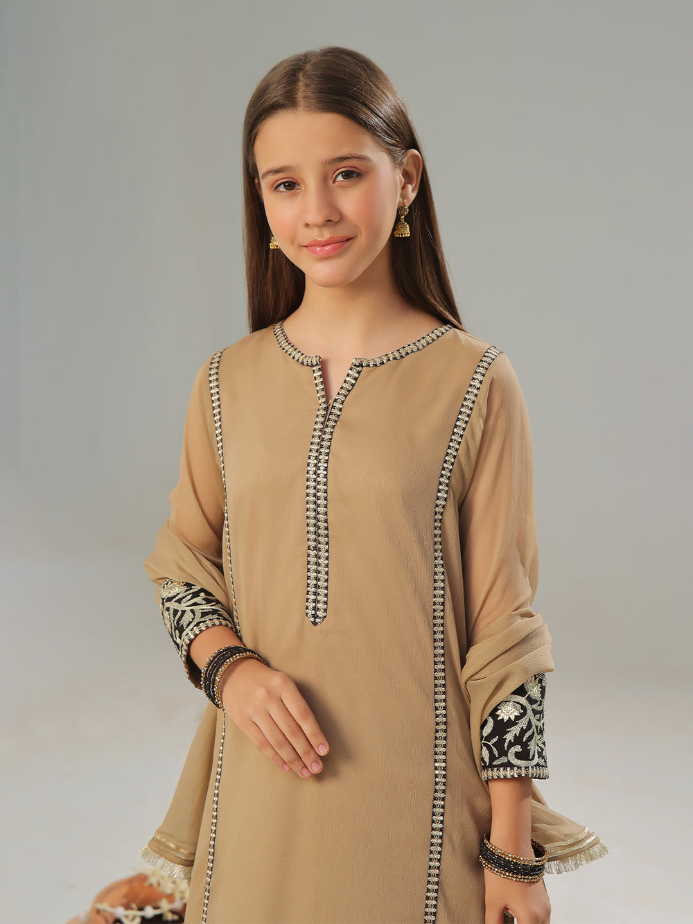 3Pc Embroidered Suit Pret Dyed Chiffon Fawn - OGE3P-2408028
