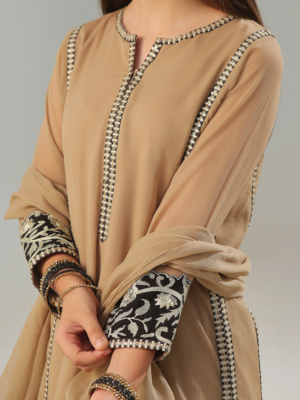 3Pc Embroidered Suit Pret Dyed Chiffon Fawn - OGE3P-2408028
