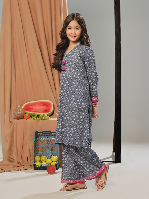 2Pc Printed Pret Shirt Trouser Dobby Navy Blue - OG2P-2410025