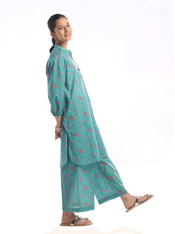 2Pc Printed Pret Shirt Trouser Dobby Green - OG2P-2410028