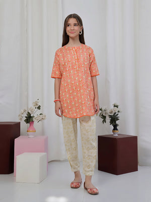 1Pc Printed Pret Kurti Lawn Orange & Green - OGKT-2506007-1
