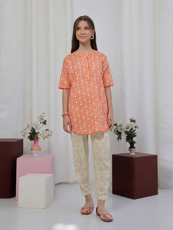 1Pc Printed Pret Kurti Lawn Orange & Green - OGKT-2506007-1