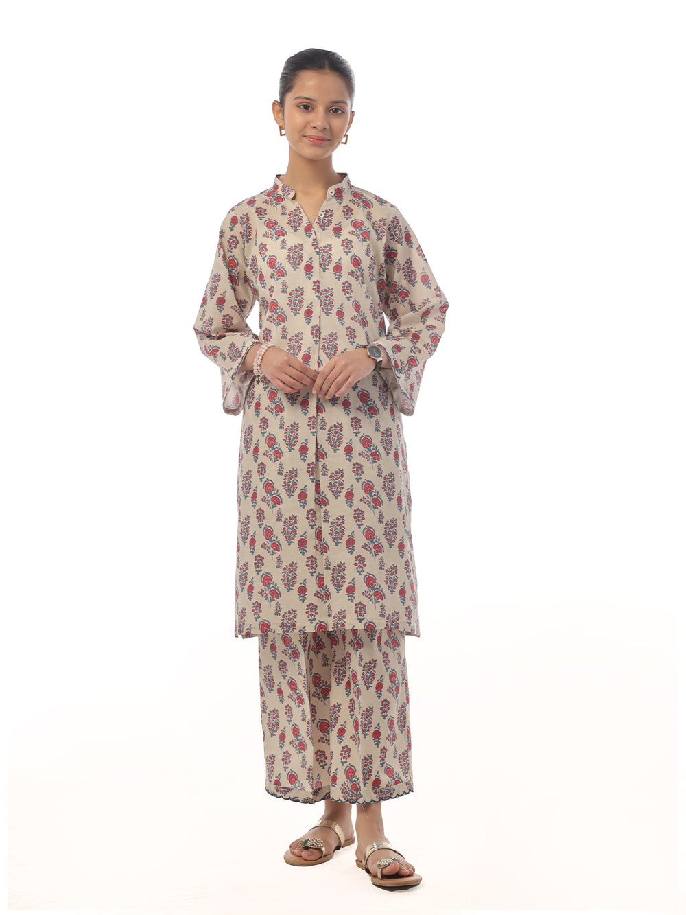 2Pc Printed Pret Shirt Trouser Cambric Beige - OG2P-2410026