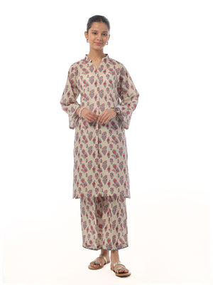 2Pc Printed Pret Shirt Trouser Cambric Beige - OG2P-2410026