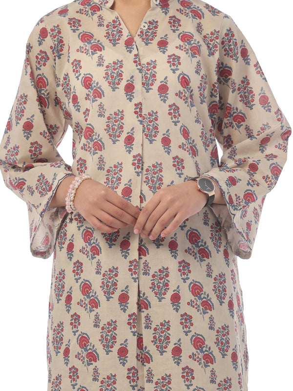 2Pc Printed Pret Shirt Trouser Cambric Beige - OG2P-2410026