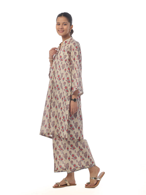 2Pc Printed Pret Shirt Trouser Cambric Beige - OG2P-2410026