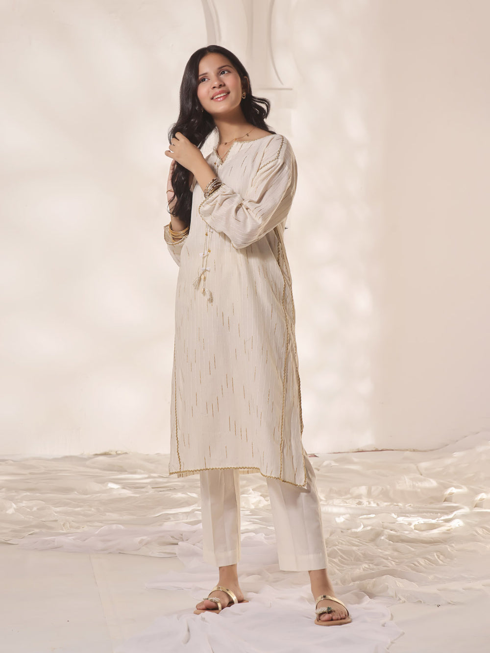 2Pc Fancy Pret Shirt Trouser Dobby Cream & Golden - OG2PG-2309010