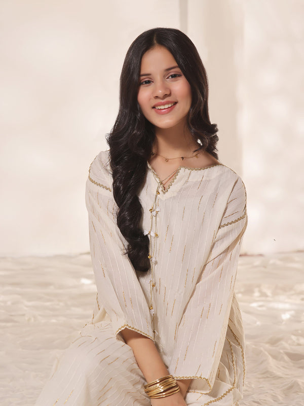 2Pc Fancy Pret Shirt Trouser Dobby Cream & Golden - OG2PG-2309010