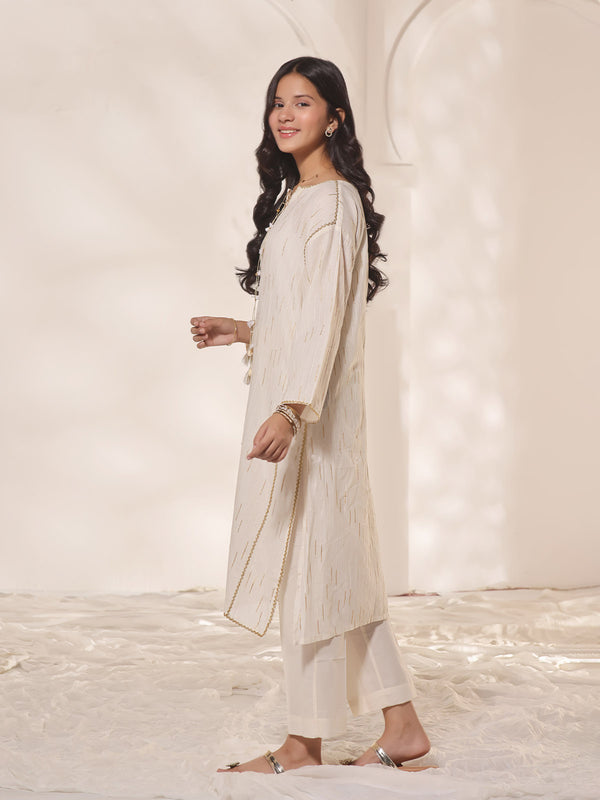 2Pc Fancy Pret Shirt Trouser Dobby Cream & Golden - OG2PG-2309010