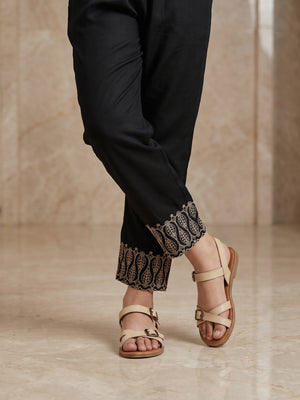 Girls' Black Embroidered Satin Trouser - OGESP-1912321-1