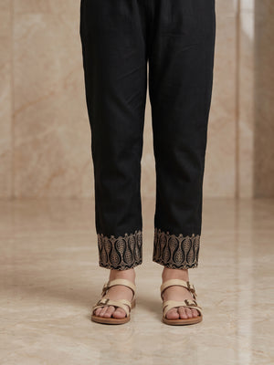 Girls' Black Embroidered Satin Trouser - OGESP-1912321-1